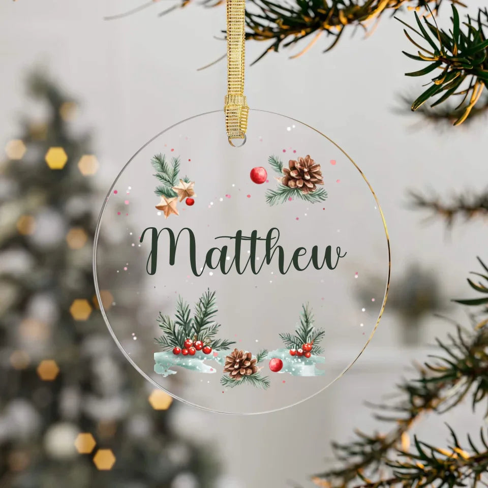 Front view of clear acrylic personalized Christmas ornaments with name