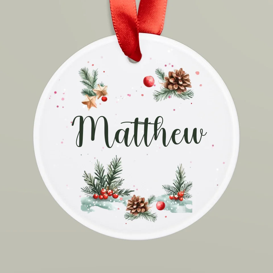 Front view of white acrylic personalized Christmas ornaments with name