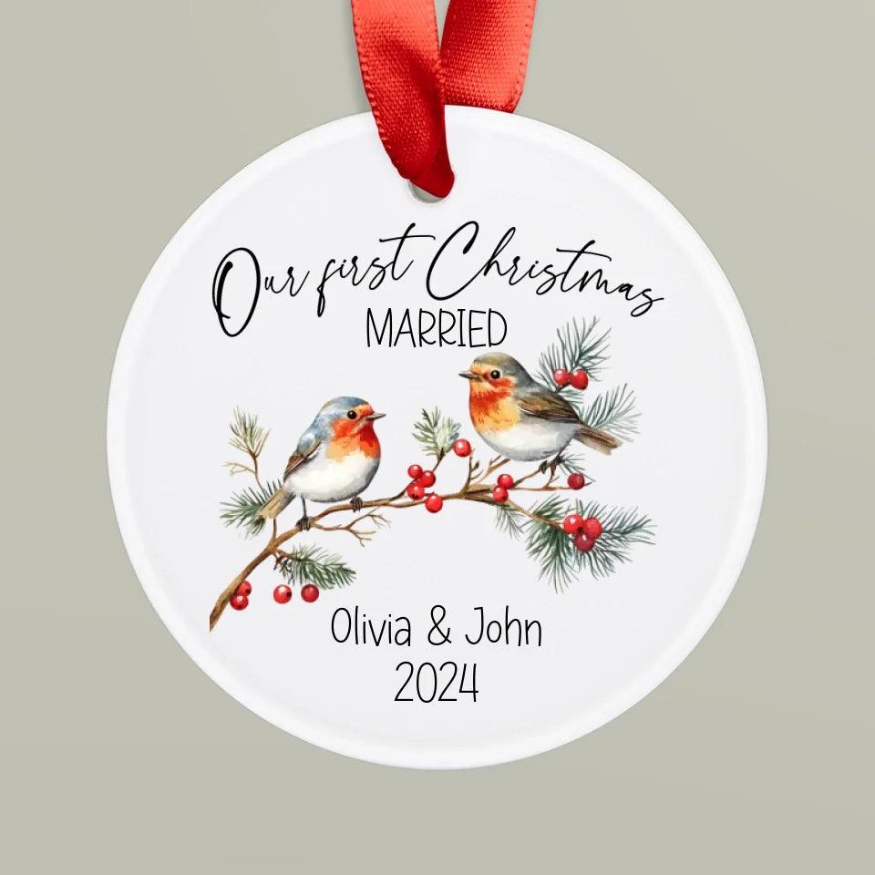 Personalized First Christmas Married Ornament with Couple's Names and Year