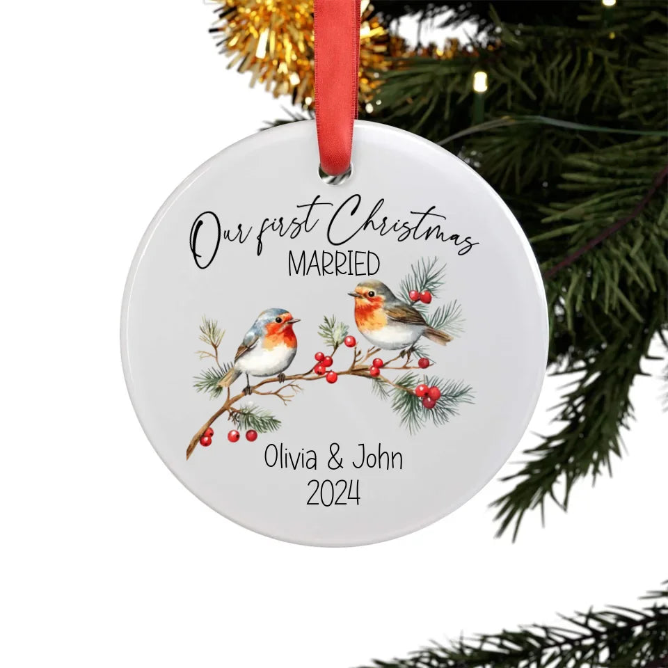 Front view of personalized First Christmas Married Ornament with Couple's Names and Year