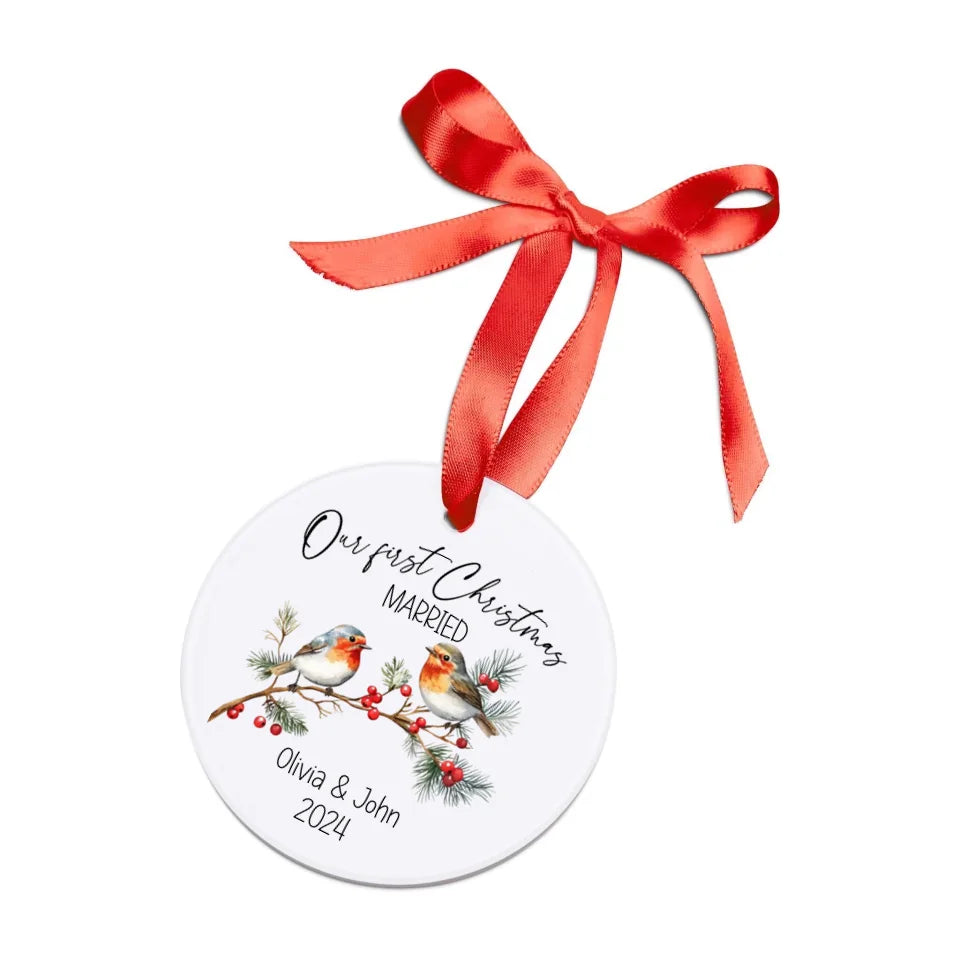 Personalized First Christmas Married Ornament with Couple's Names and Year with red ribbon