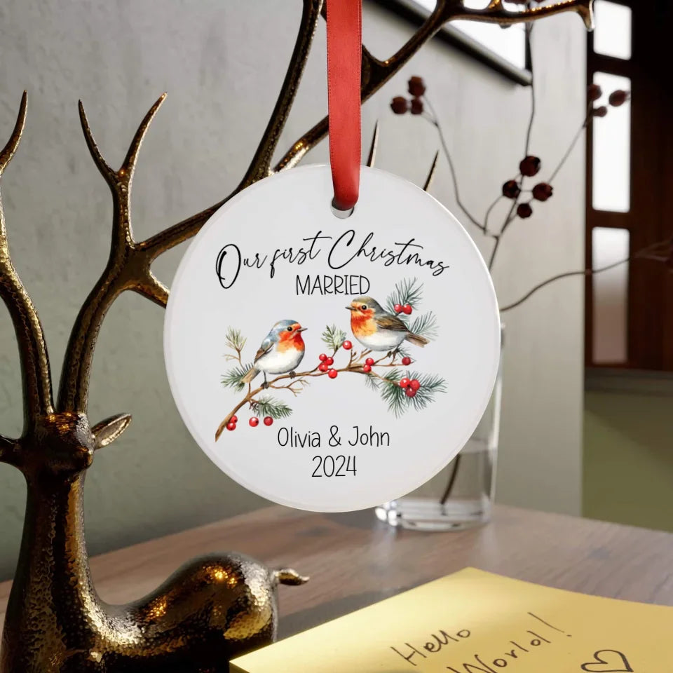 Front side of hanging personalized First Christmas Married Ornament with Couple's Names and Year