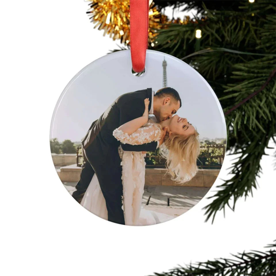 Back side of Personalized First Christmas Married Ornament with picture