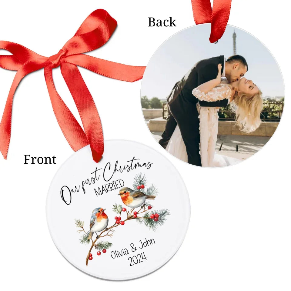 Front and back side of Personalized First Christmas Married Ornament with Couple's Names, Year, and picture