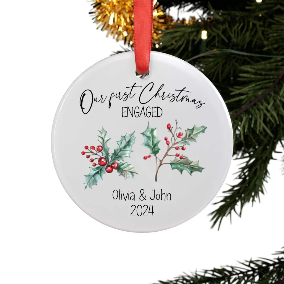 Back side of Our First Christmas Engaged Ornament with Couple's Names and Year