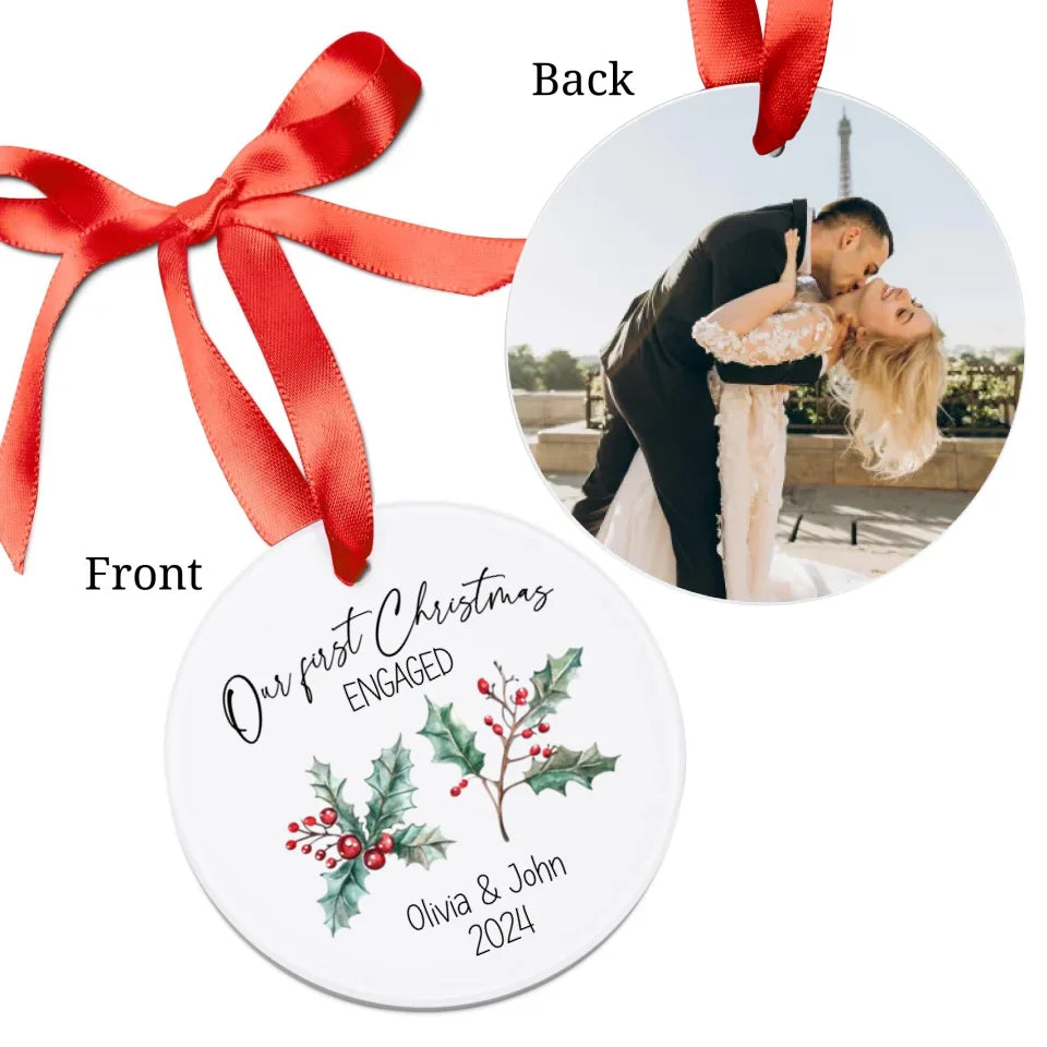 Front and back side of the First Christmas engaged Ornament with Couple's Names, Year, and picture