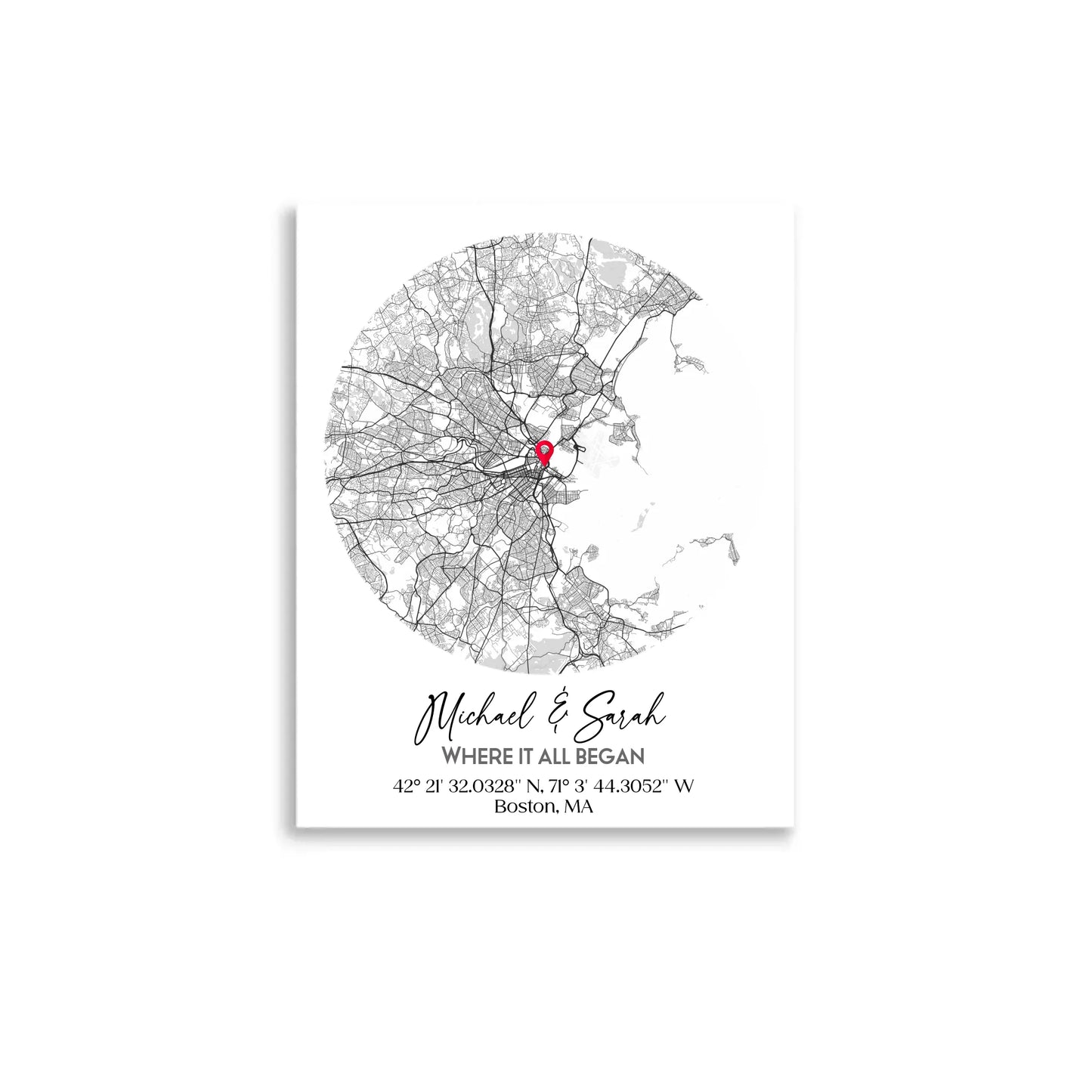 Where We Met Map Gift with a 16x20 inch poster, showing a city map with a red pin marking a location, personalized with the names 'Michael & Sarah' and coordinates for Boston, MA.