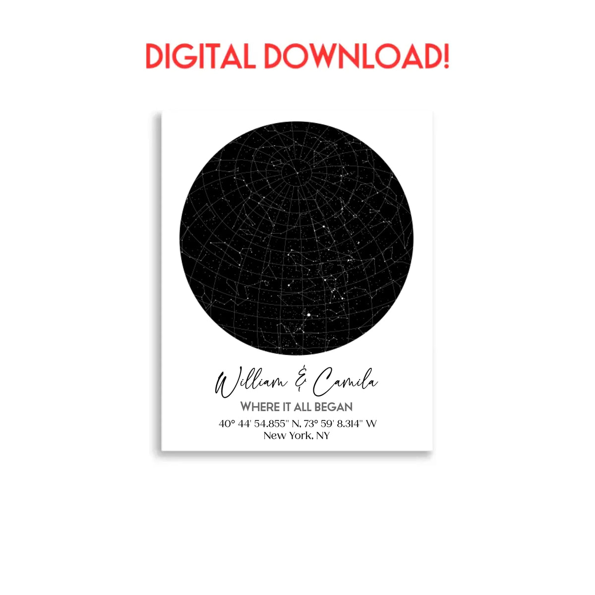 11x14 inch digital download of a custom star map featuring a circular night sky with constellations, personalized with the names 'William & Camila,' coordinates, and the message 'Where It All Began'