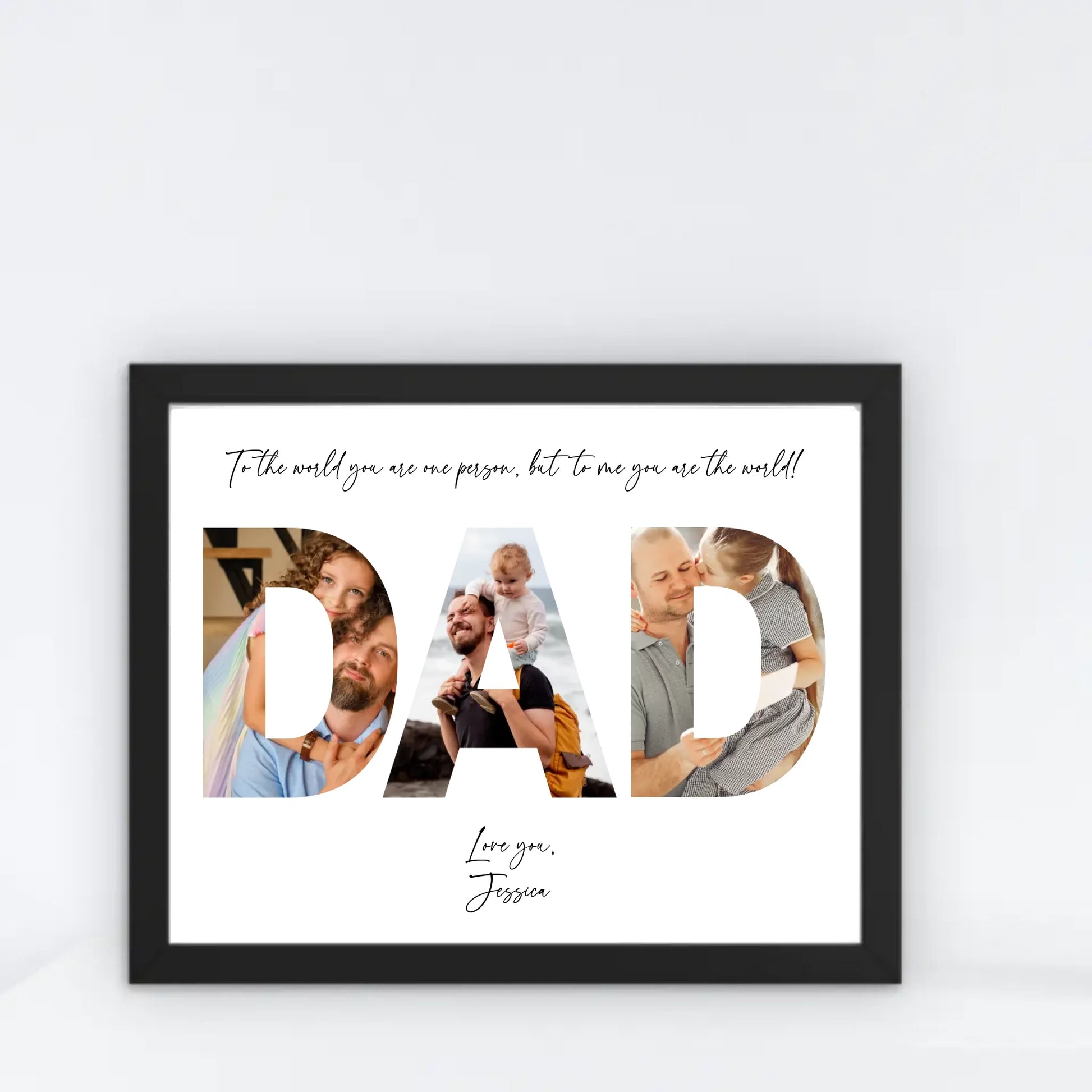 The dad photo collage in a black 14x11 inch frame features the word ‘DAD’ filled with photos of dad and kid with personalized text.