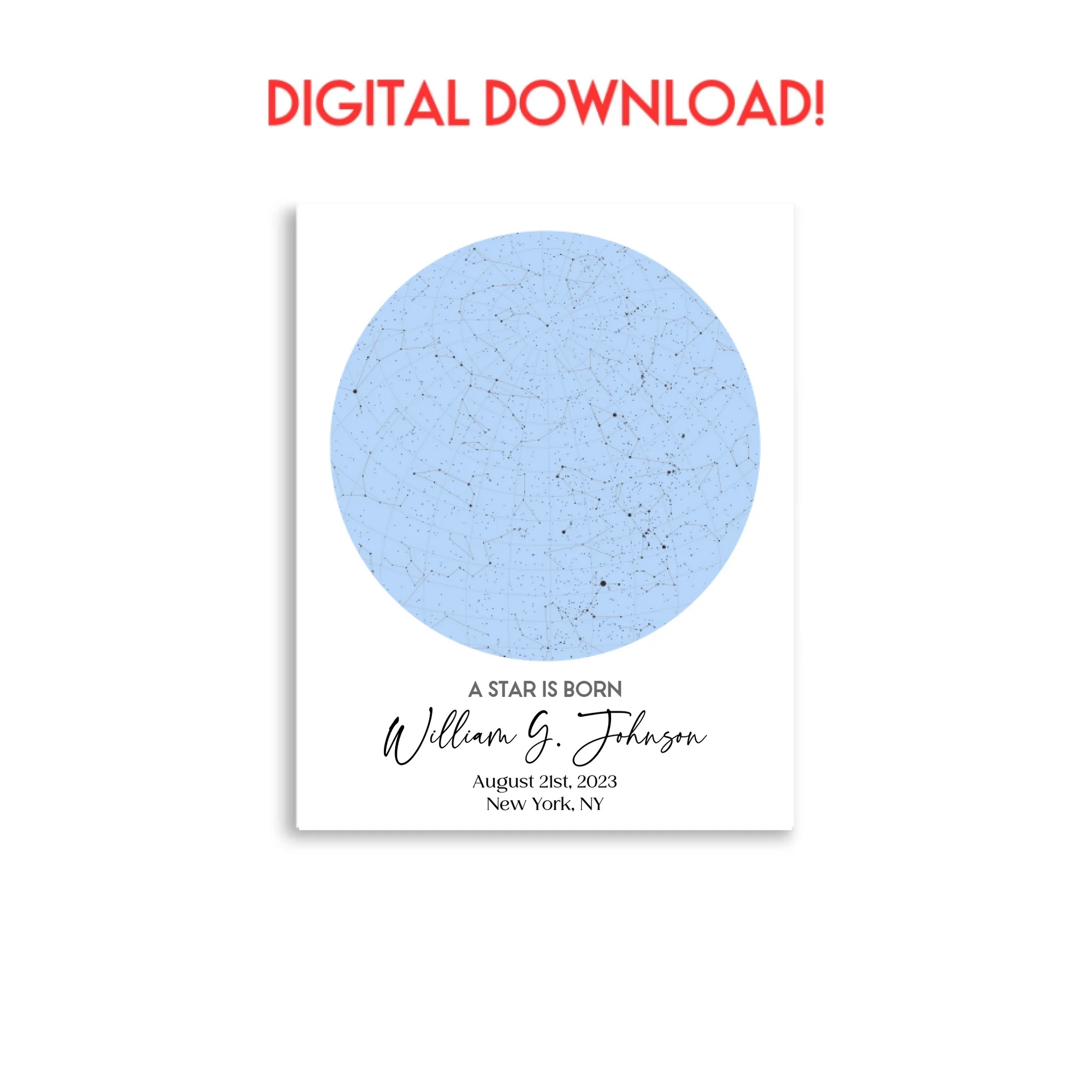 Digital download of 11x14 inch personalized star map print featuring the night sky on August 21st, 2023, the birthdate of William G. Johnson in New York, NY, a unique and meaningful 1-year-old birthday gift.