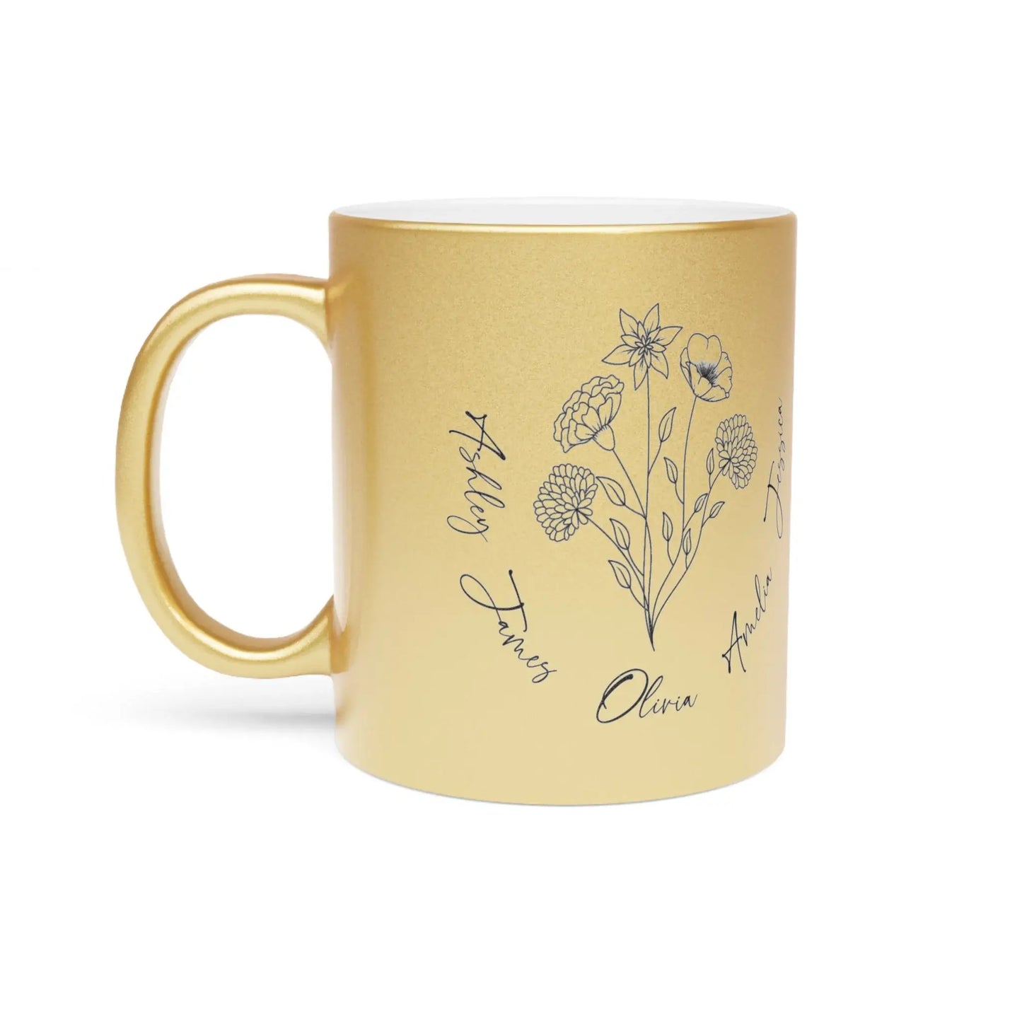 The left-side view of a gold mug featuring a minimalist birth flower design surrounded by names is perfect as a personalized Mother's Day gift.