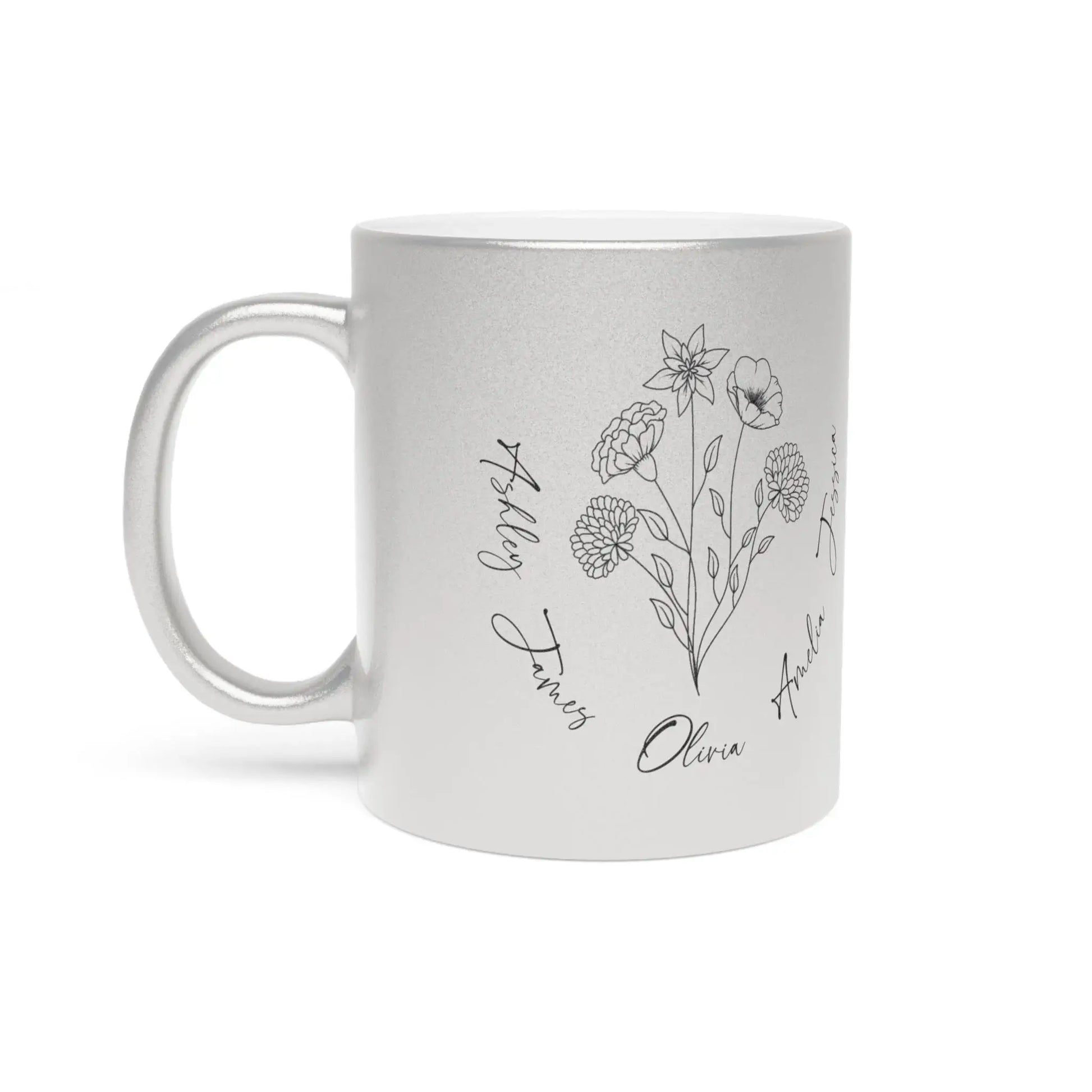 The left-side view of a silver mug featuring a minimalist birth flower design surrounded by names is perfect as a personalized Mother's Day gift.