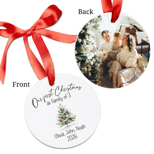 First Christmas as a family of 3 ornaments with family photo and text on a white background