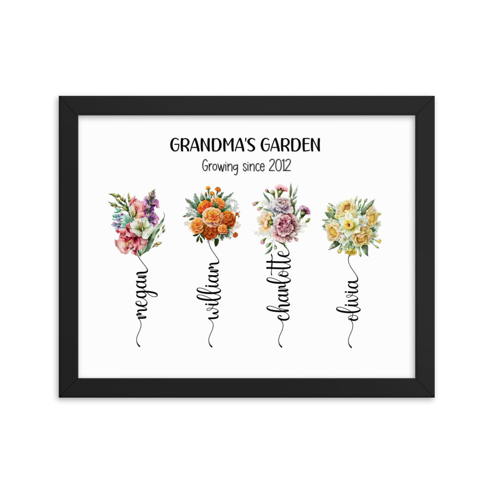 Grandma's Garden sign is a 14x11 inch black framed print featuring bouquets, each with a grandchild's name, and the phrase 'Growing since 2012'."