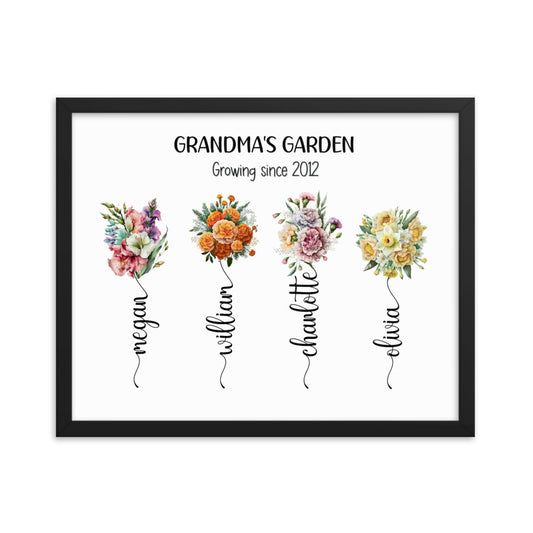 Grandma's Garden sign is a 20x16 inch black framed print featuring bouquets, each with a grandchild's name, and the phrase 'Growing since 2012'."