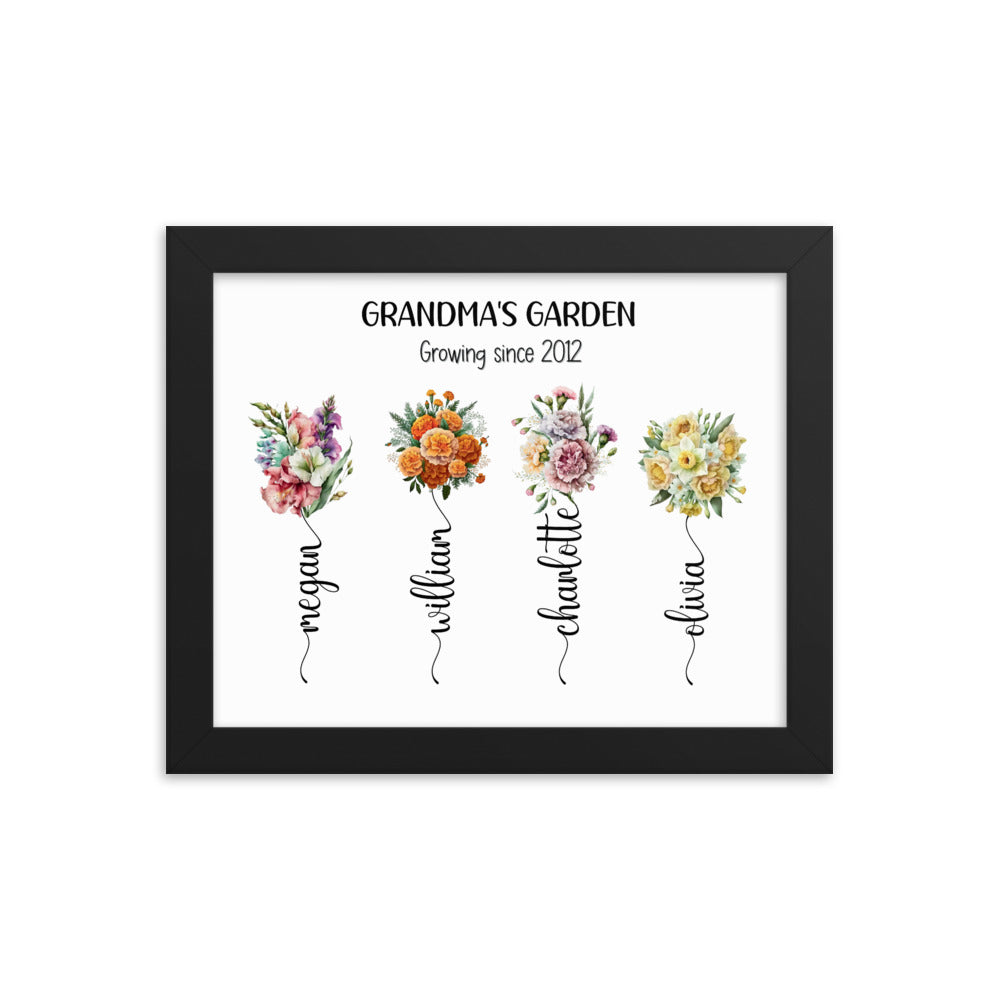 Grandma's Garden sign is a 10x8 inch black framed print featuring bouquets, each with a grandchild's name, and the phrase 'Growing since 2012'."