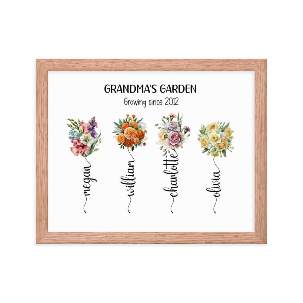 Grandma's Garden sign is a 14x11 inch red oak framed print featuring bouquets, each with a grandchild's name, and the phrase 'Growing since 2012'.