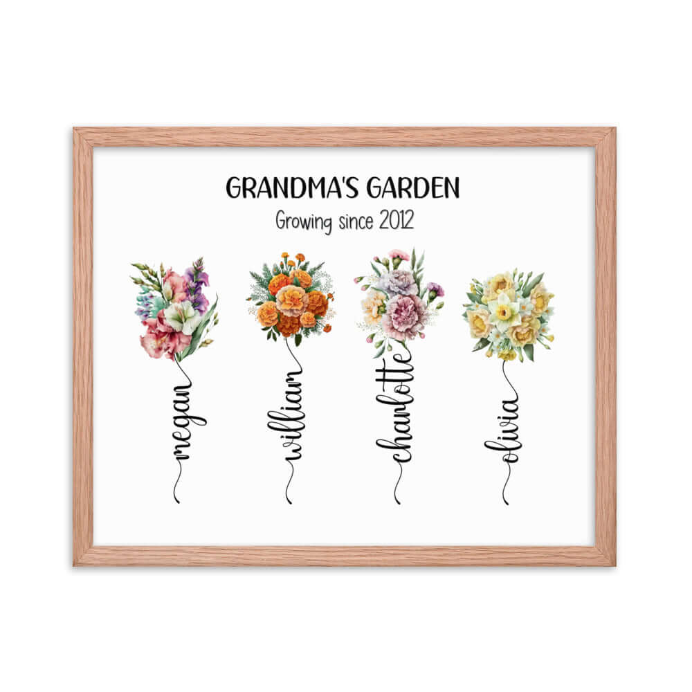 Grandma's Garden sign is a 20x16 inch red oak framed print featuring bouquets, each with a grandchild's name, and the phrase 'Growing since 2012'."