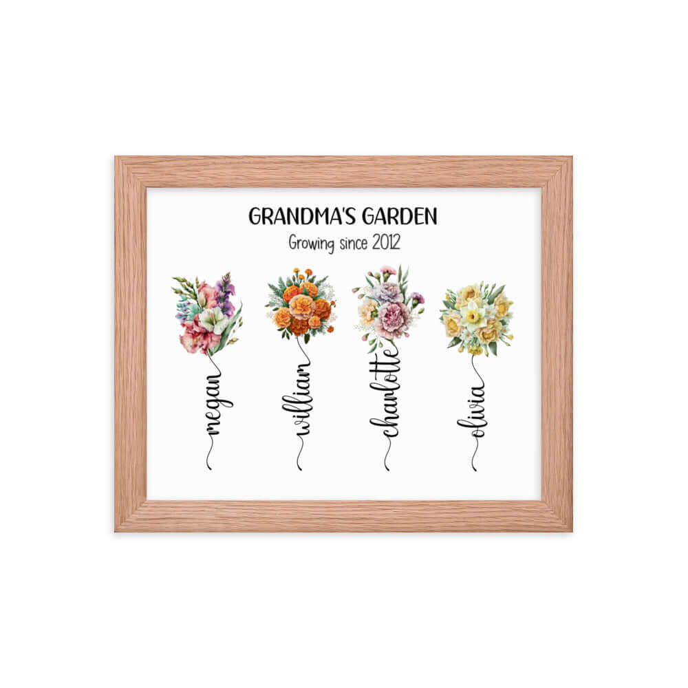 Grandma's Garden sign is a 10x8 inch red oak framed print featuring bouquets, each with a grandchild's name, and the phrase 'Growing since 2012'."