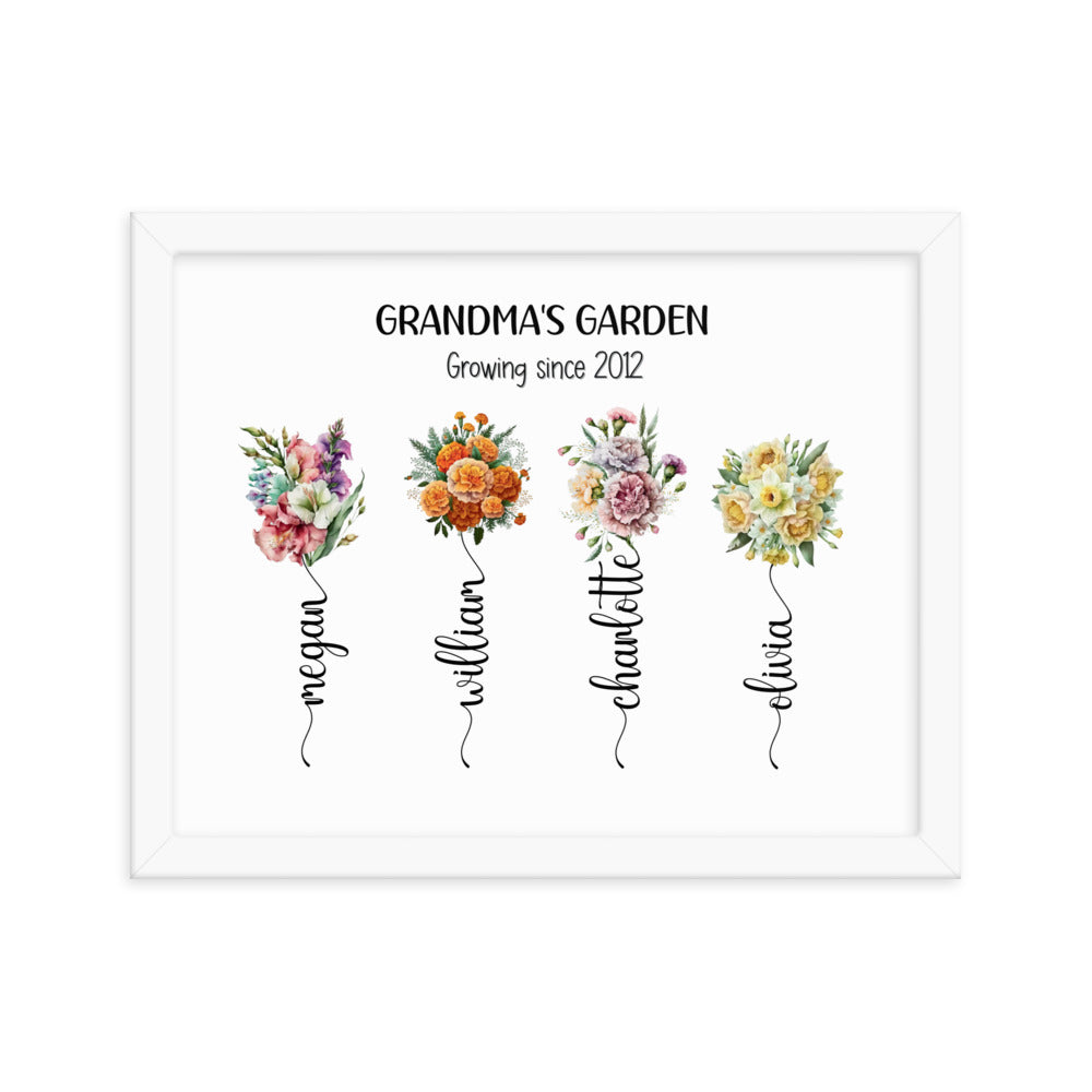 Grandma's Garden sign is a 14x11 inch white framed print featuring bouquets, each with a grandchild's name, and the phrase 'Growing since 2012'."