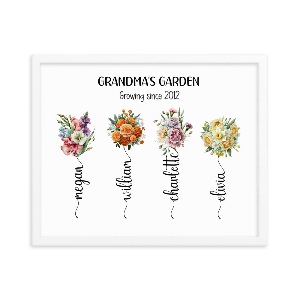 Grandma's Garden sign is a 20x16 inch white framed print featuring bouquets, each with a grandchild's name, and the phrase 'Growing since 2012'."