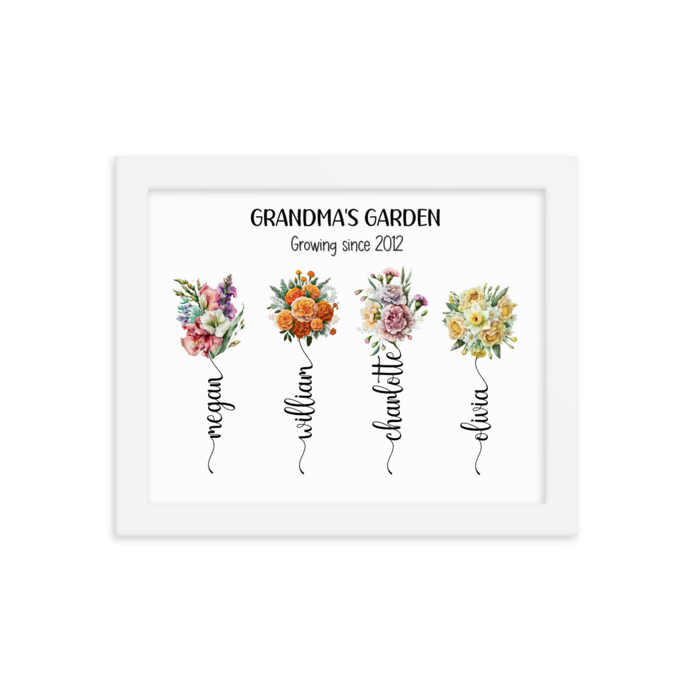 Grandma's Garden sign is a 10x8 inch white framed print featuring bouquets, each with a grandchild's name, and the phrase 'Growing since 2012'."